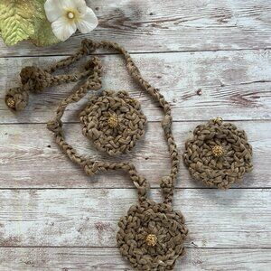 Handmade NECKLACE & EARRINGS~Bold & Beautiful Style~Ribbon Yarn~Rhinestones